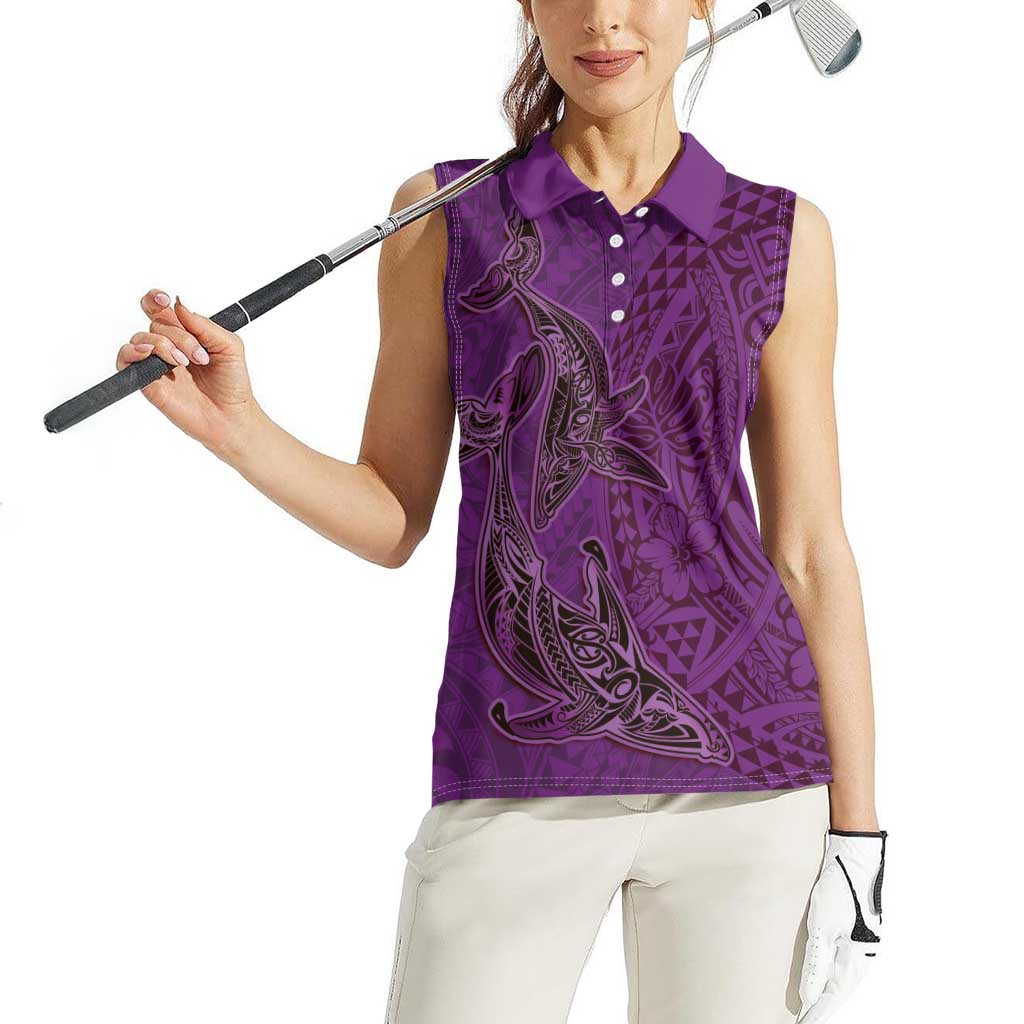 Hawaiian Whales Polynesian Art Motifs Women Sleeveless Polo Shirt Purple Color LT03 - Polynesian Pride
