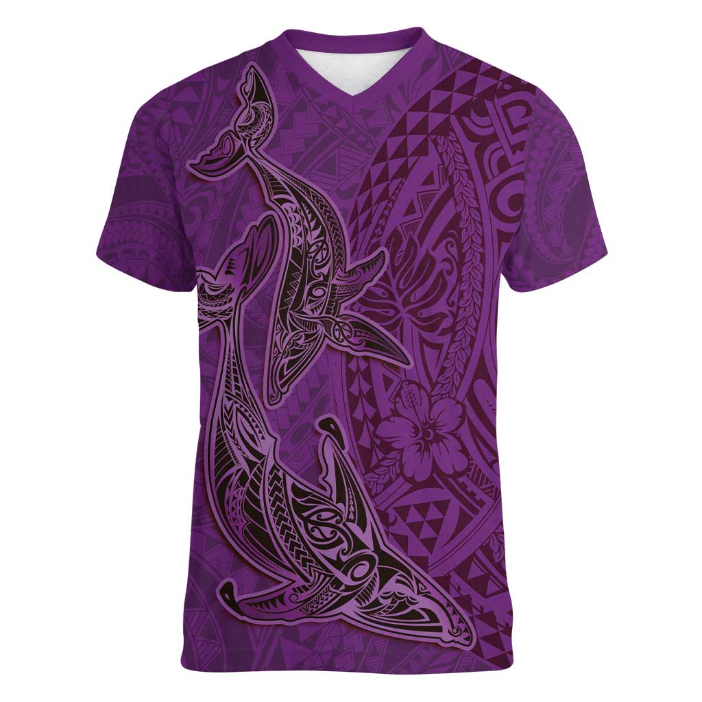 Hawaiian Whales Polynesian Art Motifs Women V-Neck T-Shirt Purple Color LT03 Female Purple - Polynesian Pride