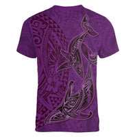 Hawaiian Whales Polynesian Art Motifs Women V-Neck T-Shirt Purple Color LT03 - Polynesian Pride