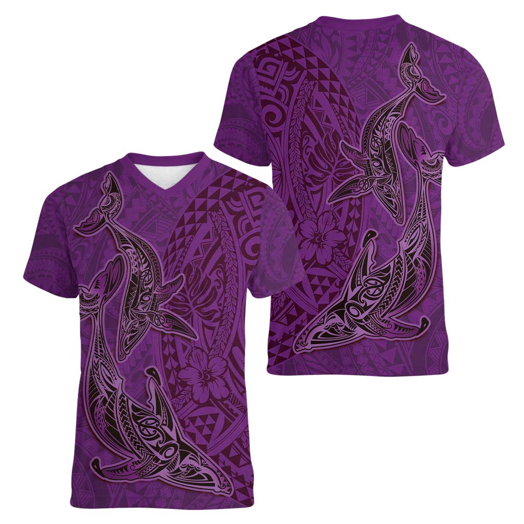 Hawaiian Whales Polynesian Art Motifs Women V-Neck T-Shirt Purple Color LT03 - Polynesian Pride