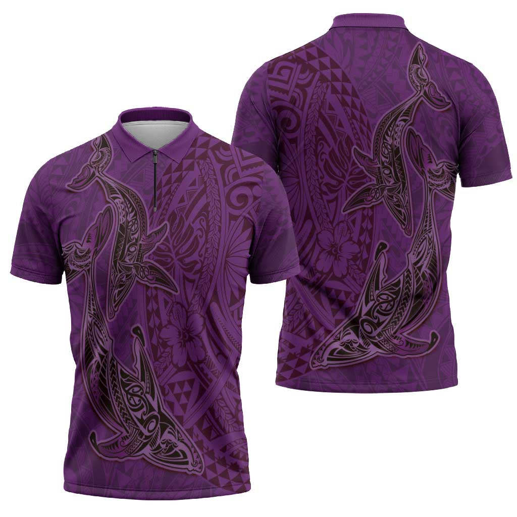 Hawaiian Whales Polynesian Art Motifs Zipper Polo Shirt Purple Color LT03 - Polynesian Pride