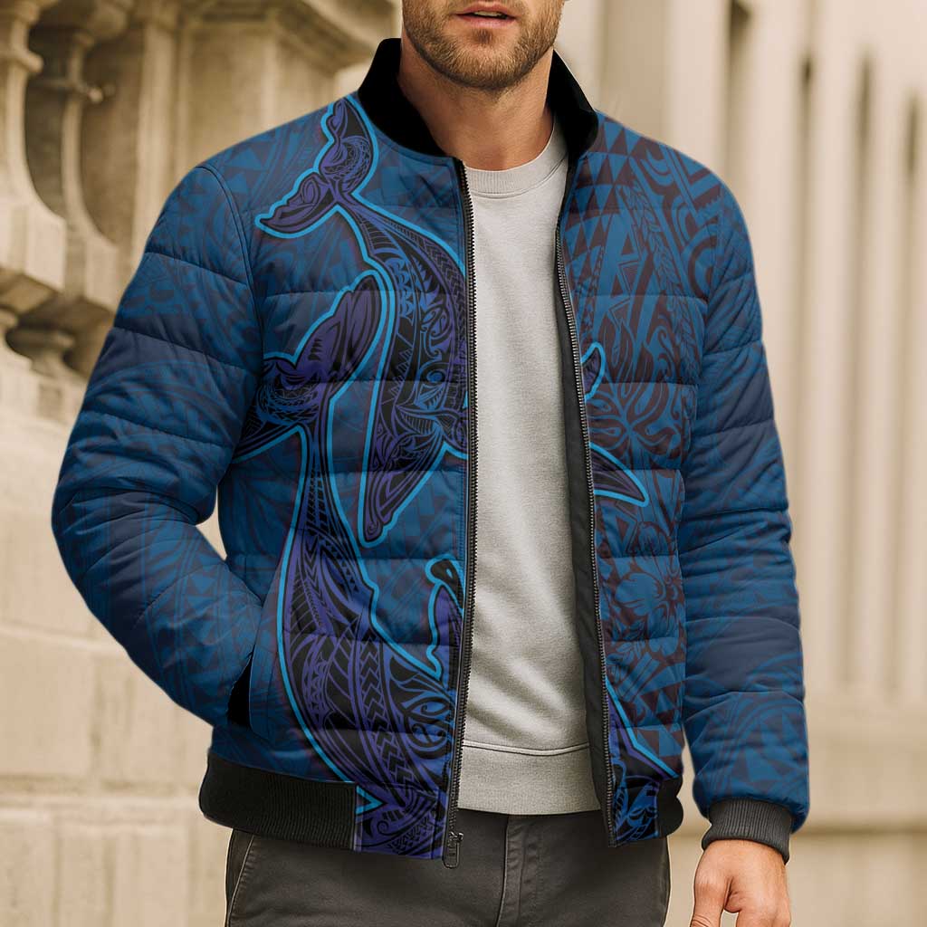 Hawaiian Whales Polynesian Art Motifs Bomber Puffer Jacket Blue Color - Polynesian Pride