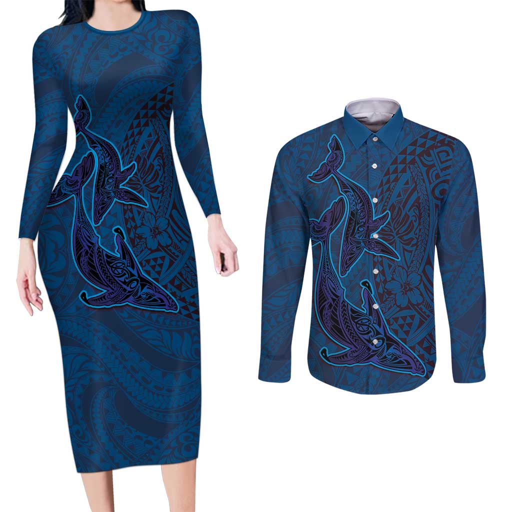 Hawaiian Whales Polynesian Art Motifs Couples Matching Long Sleeve Bodycon Dress and Long Sleeve Button Shirt Blue Color LT03 Blue - Polynesian Pride