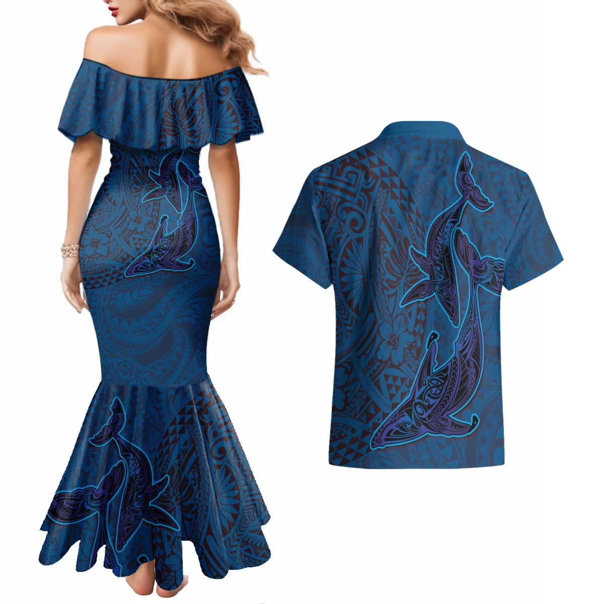 Hawaiian Whales Polynesian Art Motifs Couples Matching Mermaid Dress and Hawaiian Shirt Blue Color LT03 - Polynesian Pride