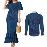 Hawaiian Whales Polynesian Art Motifs Couples Matching Mermaid Dress and Long Sleeve Button Shirt Blue Color LT03 Blue - Polynesian Pride