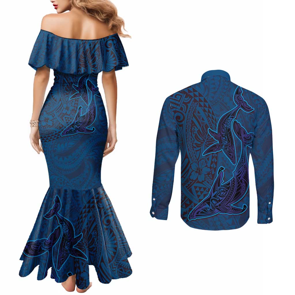 Hawaiian Whales Polynesian Art Motifs Couples Matching Mermaid Dress and Long Sleeve Button Shirt Blue Color LT03 - Polynesian Pride