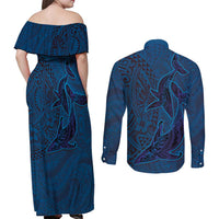 Hawaiian Whales Polynesian Art Motifs Couples Matching Off Shoulder Maxi Dress and Long Sleeve Button Shirt Blue Color LT03 - Polynesian Pride