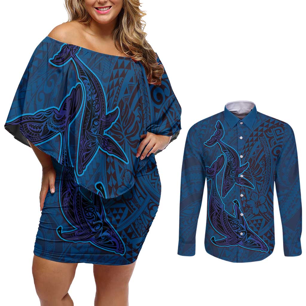 Hawaiian Whales Polynesian Art Motifs Couples Matching Off Shoulder Short Dress and Long Sleeve Button Shirt Blue Color LT03 Blue - Polynesian Pride
