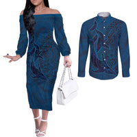 Hawaiian Whales Polynesian Art Motifs Couples Matching Off The Shoulder Long Sleeve Dress and Long Sleeve Button Shirt Blue Color LT03 Blue - Polynesian Pride