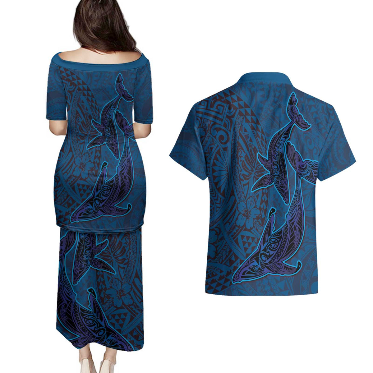 Hawaiian Whales Polynesian Art Motifs Couples Matching Puletasi and Hawaiian Shirt Blue Color LT03 - Polynesian Pride