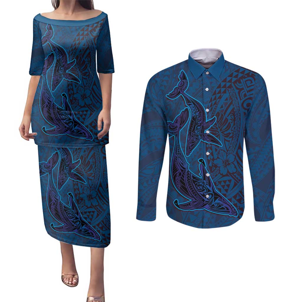 Hawaiian Whales Polynesian Art Motifs Couples Matching Puletasi and Long Sleeve Button Shirt Blue Color LT03 Blue - Polynesian Pride