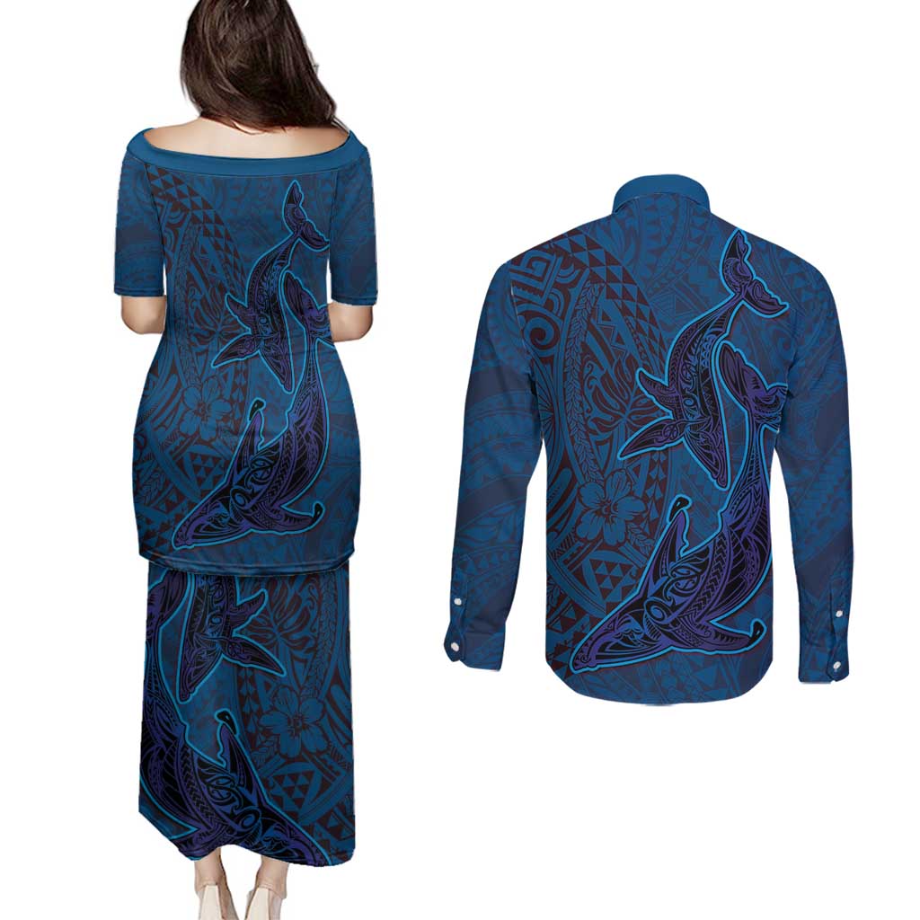 Hawaiian Whales Polynesian Art Motifs Couples Matching Puletasi and Long Sleeve Button Shirt Blue Color LT03 - Polynesian Pride
