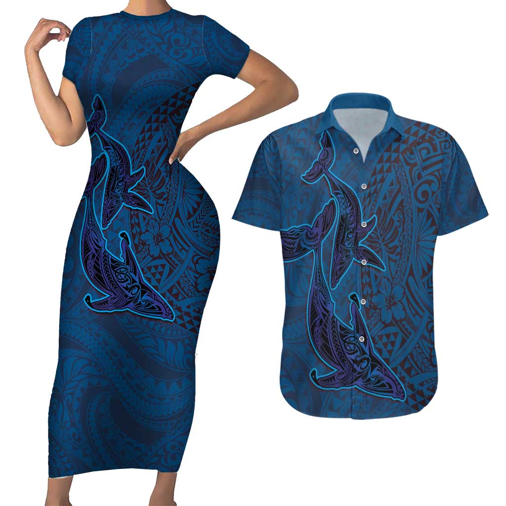 Hawaiian Whales Polynesian Art Motifs Couples Matching Short Sleeve Bodycon Dress and Hawaiian Shirt Blue Color LT03 Blue - Polynesian Pride