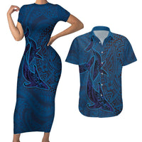 Hawaiian Whales Polynesian Art Motifs Couples Matching Short Sleeve Bodycon Dress and Hawaiian Shirt Blue Color LT03 Blue - Polynesian Pride