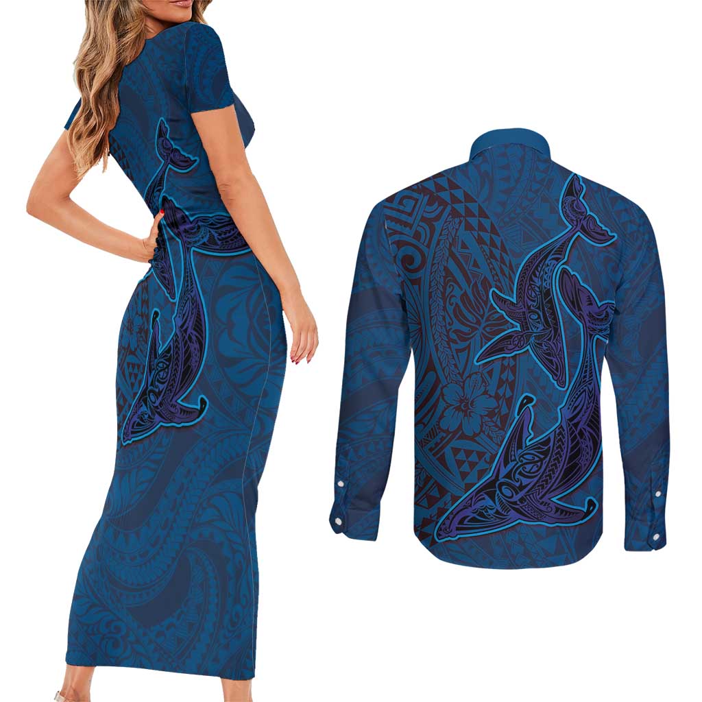 Hawaiian Whales Polynesian Art Motifs Couples Matching Short Sleeve Bodycon Dress and Long Sleeve Button Shirt Blue Color LT03 - Polynesian Pride
