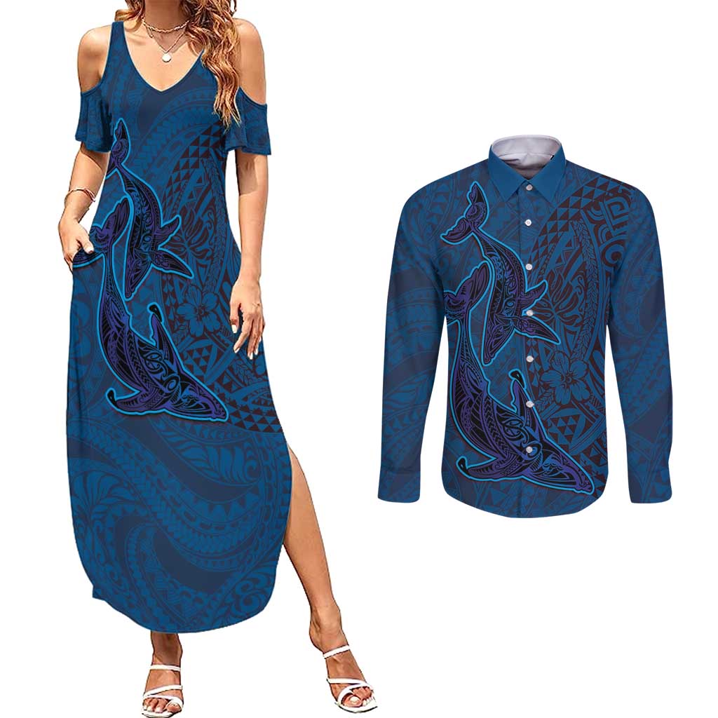 Hawaiian Whales Polynesian Art Motifs Couples Matching Summer Maxi Dress and Long Sleeve Button Shirt Blue Color LT03 Blue - Polynesian Pride