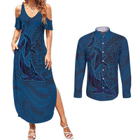Hawaiian Whales Polynesian Art Motifs Couples Matching Summer Maxi Dress and Long Sleeve Button Shirt Blue Color LT03 Blue - Polynesian Pride
