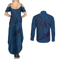 Hawaiian Whales Polynesian Art Motifs Couples Matching Summer Maxi Dress and Long Sleeve Button Shirt Blue Color LT03 - Polynesian Pride