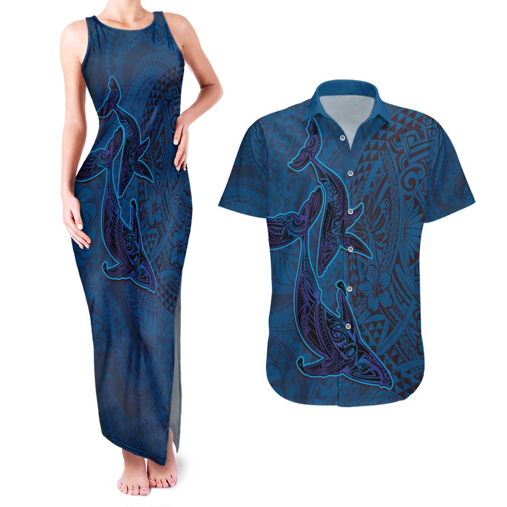Hawaiian Whales Polynesian Art Motifs Couples Matching Tank Maxi Dress and Hawaiian Shirt Blue Color LT03 Blue - Polynesian Pride