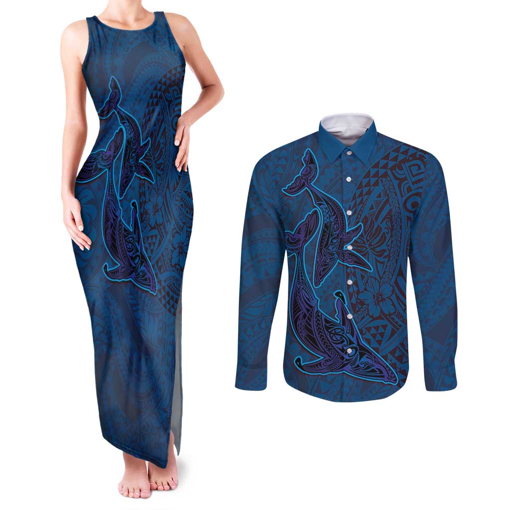 Hawaiian Whales Polynesian Art Motifs Couples Matching Tank Maxi Dress and Long Sleeve Button Shirt Blue Color LT03 Blue - Polynesian Pride