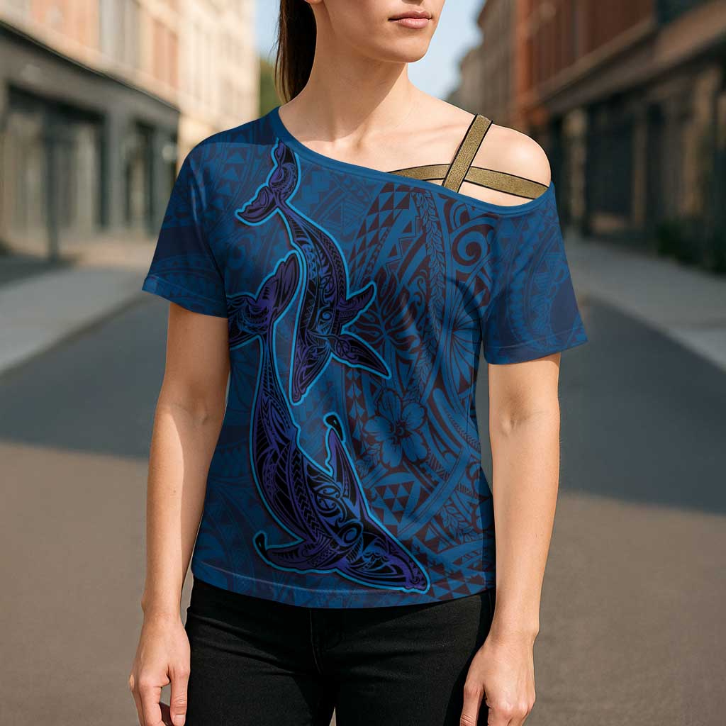Hawaiian Whales Polynesian Art Motifs Cross Shoulder Shirt Blue Color - Polynesian Pride
