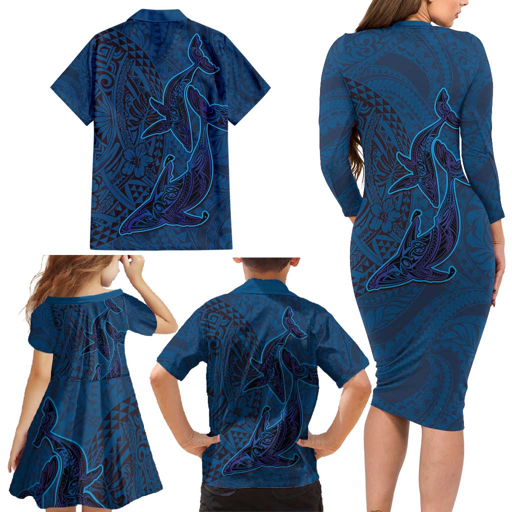 Hawaiian Whales Polynesian Art Motifs Family Matching Long Sleeve Bodycon Dress and Hawaiian Shirt Blue Color LT03 - Polynesian Pride