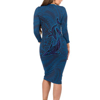 Hawaiian Whales Polynesian Art Motifs Family Matching Long Sleeve Bodycon Dress and Hawaiian Shirt Blue Color LT03 - Polynesian Pride