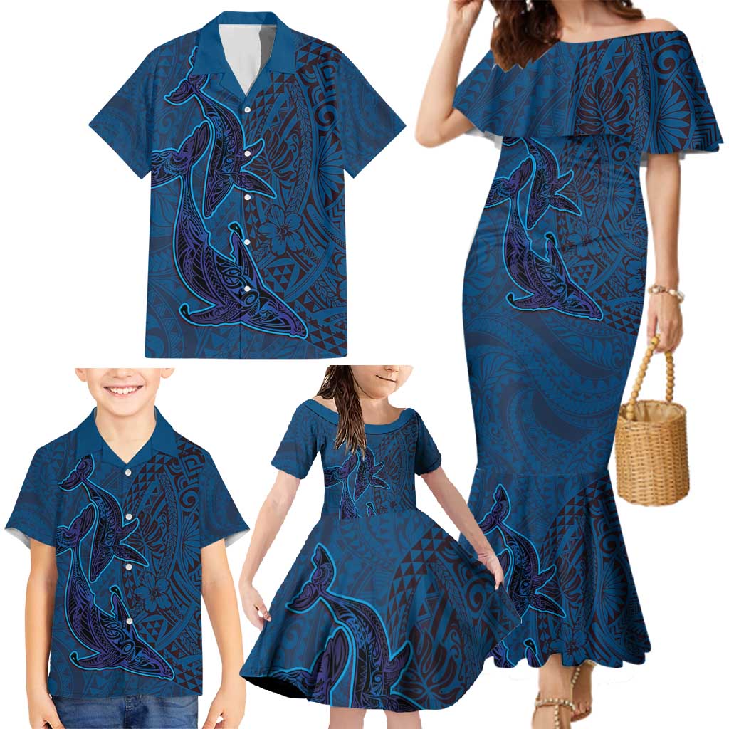 Hawaiian Whales Polynesian Art Motifs Family Matching Mermaid Dress and Hawaiian Shirt Blue Color LT03 - Polynesian Pride