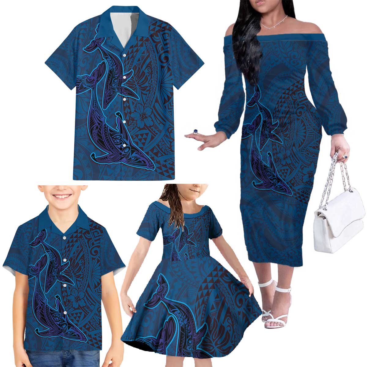 Hawaiian Whales Polynesian Art Motifs Family Matching Off The Shoulder Long Sleeve Dress and Hawaiian Shirt Blue Color LT03 - Polynesian Pride