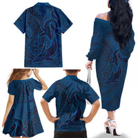 Hawaiian Whales Polynesian Art Motifs Family Matching Off The Shoulder Long Sleeve Dress and Hawaiian Shirt Blue Color LT03 - Polynesian Pride