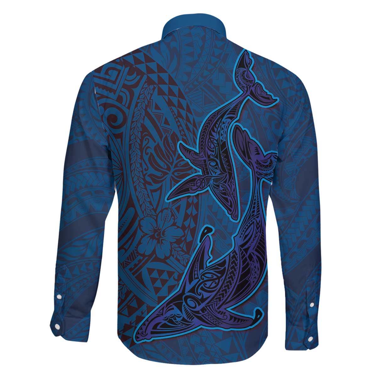 Hawaiian Whales Polynesian Art Motifs Family Matching Off The Shoulder Long Sleeve Dress and Hawaiian Shirt Blue Color LT03 - Polynesian Pride