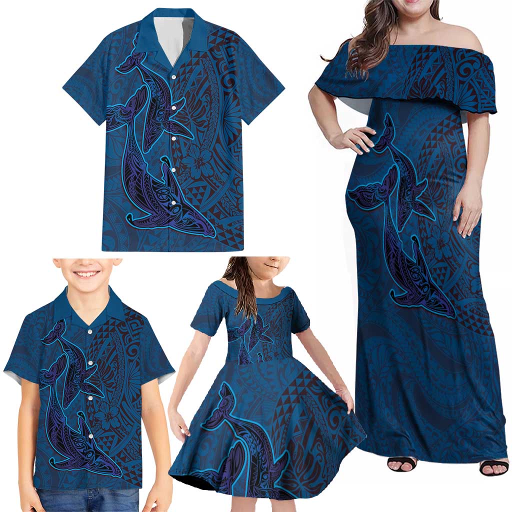 Hawaiian Whales Polynesian Art Motifs Family Matching Off Shoulder Maxi Dress and Hawaiian Shirt Blue Color LT03 - Polynesian Pride