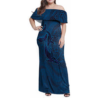 Hawaiian Whales Polynesian Art Motifs Family Matching Off Shoulder Maxi Dress and Hawaiian Shirt Blue Color LT03 Mom's Dress Blue - Polynesian Pride