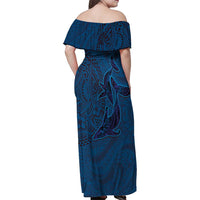 Hawaiian Whales Polynesian Art Motifs Family Matching Off Shoulder Maxi Dress and Hawaiian Shirt Blue Color LT03 - Polynesian Pride