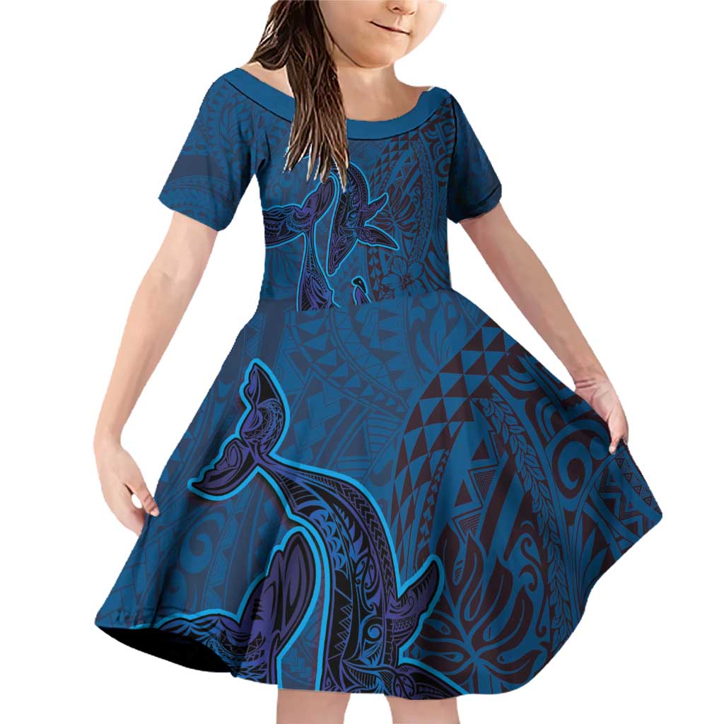 Hawaiian Whales Polynesian Art Motifs Family Matching Off Shoulder Short Dress and Hawaiian Shirt Blue Color LT03 Daughter's Dress Blue - Polynesian Pride