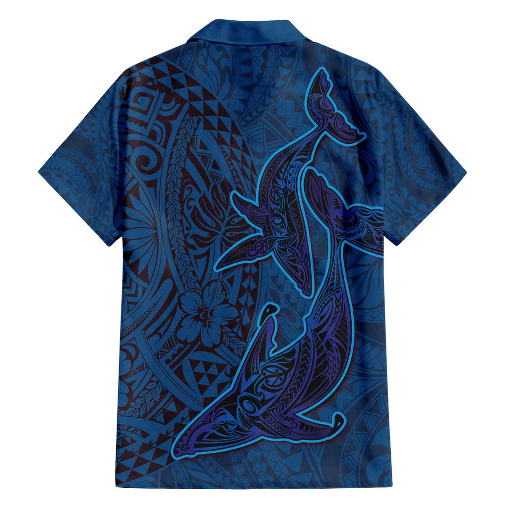 Hawaiian Whales Polynesian Art Motifs Family Matching Off Shoulder Short Dress and Hawaiian Shirt Blue Color LT03 - Polynesian Pride