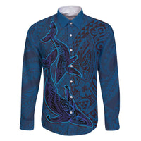 Hawaiian Whales Polynesian Art Motifs Family Matching Off Shoulder Short Dress and Hawaiian Shirt Blue Color LT03 Dad's Shirt - Long Sleeve Blue - Polynesian Pride