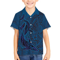 Hawaiian Whales Polynesian Art Motifs Family Matching Off Shoulder Short Dress and Hawaiian Shirt Blue Color LT03 Son's Shirt Blue - Polynesian Pride