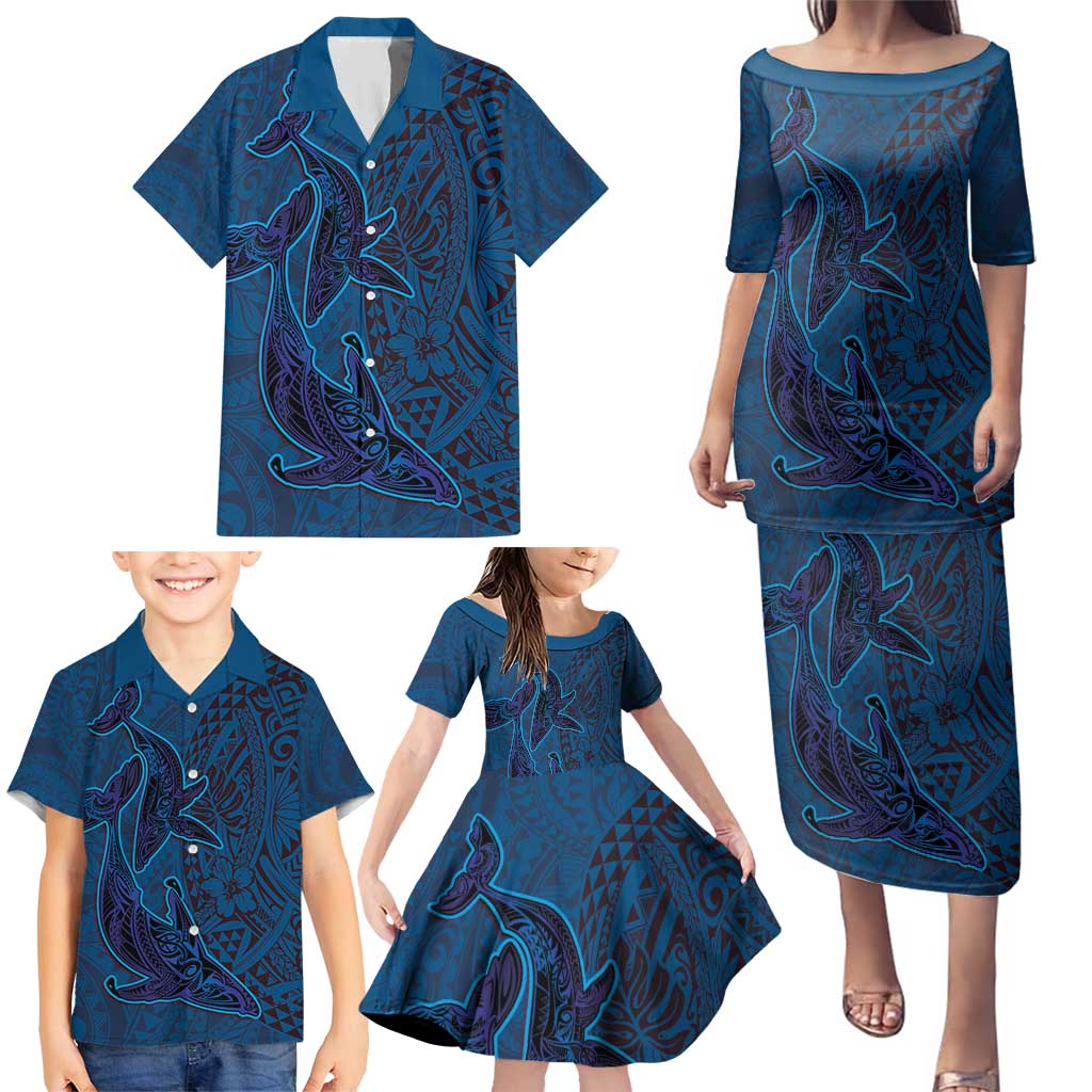 Hawaiian Whales Polynesian Art Motifs Family Matching Puletasi and Hawaiian Shirt Blue Color LT03 - Polynesian Pride