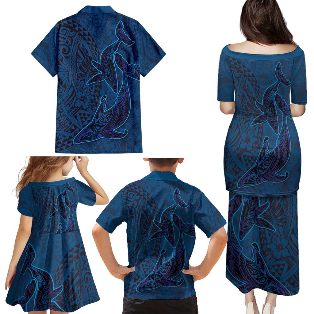 Hawaiian Whales Polynesian Art Motifs Family Matching Puletasi and Hawaiian Shirt Blue Color LT03 - Polynesian Pride