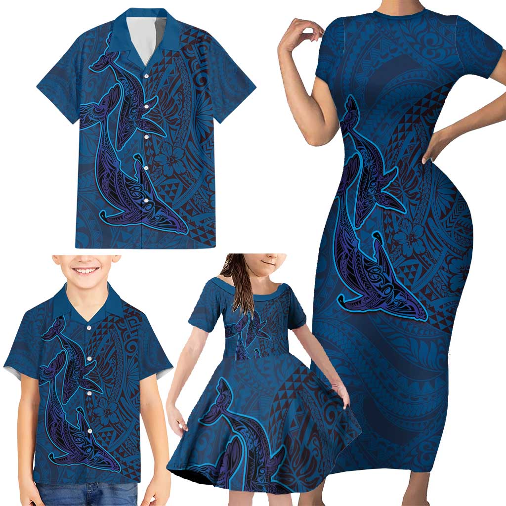 Hawaiian Whales Polynesian Art Motifs Family Matching Short Sleeve Bodycon Dress and Hawaiian Shirt Blue Color LT03 - Polynesian Pride