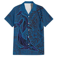 Hawaiian Whales Polynesian Art Motifs Family Matching Short Sleeve Bodycon Dress and Hawaiian Shirt Blue Color LT03 Dad's Shirt - Short Sleeve Blue - Polynesian Pride