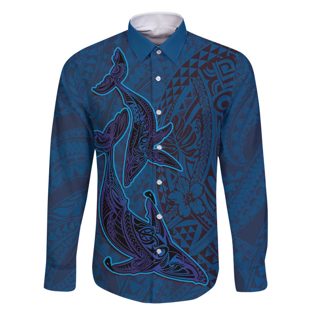 Hawaiian Whales Polynesian Art Motifs Family Matching Short Sleeve Bodycon Dress and Hawaiian Shirt Blue Color LT03 Dad's Shirt - Long Sleeve Blue - Polynesian Pride