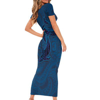 Hawaiian Whales Polynesian Art Motifs Family Matching Short Sleeve Bodycon Dress and Hawaiian Shirt Blue Color LT03 - Polynesian Pride