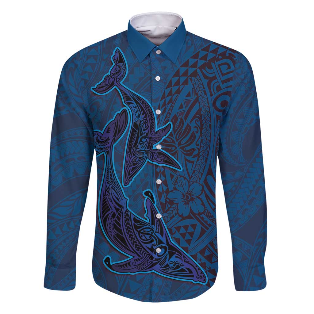 Hawaiian Whales Polynesian Art Motifs Family Matching Summer Maxi Dress and Hawaiian Shirt Blue Color LT03 Dad's Shirt - Long Sleeve Blue - Polynesian Pride