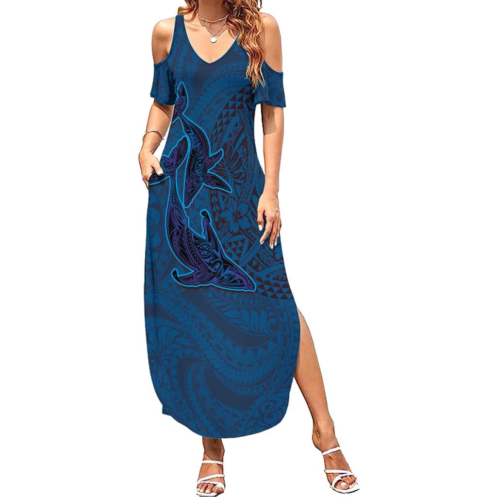 Hawaiian Whales Polynesian Art Motifs Family Matching Summer Maxi Dress and Hawaiian Shirt Blue Color LT03 Mom's Dress Blue - Polynesian Pride