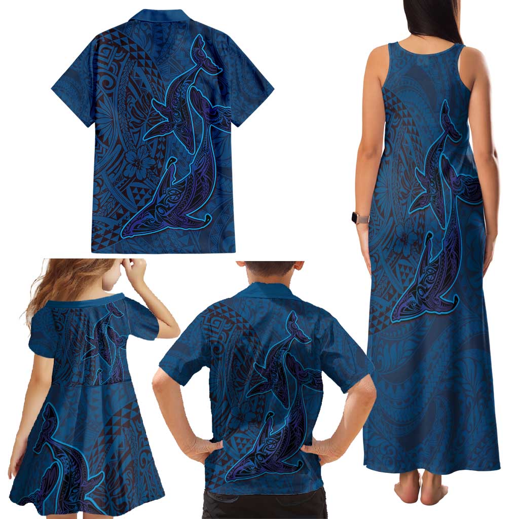 Hawaiian Whales Polynesian Art Motifs Family Matching Tank Maxi Dress and Hawaiian Shirt Blue Color LT03 - Polynesian Pride