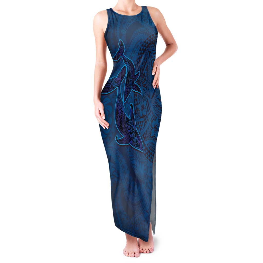 Hawaiian Whales Polynesian Art Motifs Family Matching Tank Maxi Dress and Hawaiian Shirt Blue Color LT03 Mom's Dress Blue - Polynesian Pride