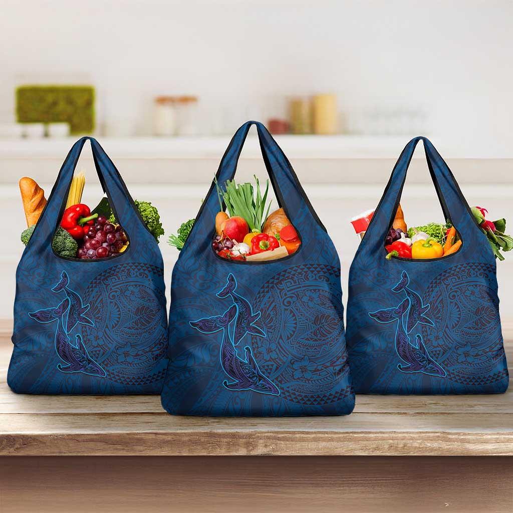 Hawaiian Whales Polynesian Art Motifs Grocery Bag Blue Color - Polynesian Pride