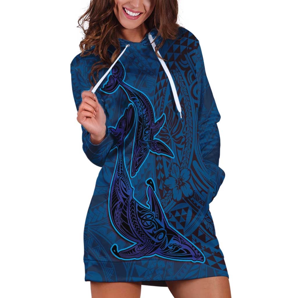 Hawaiian Whales Polynesian Art Motifs Hoodie Dress Blue Color LT03 Blue - Polynesian Pride